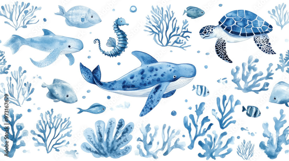 Whimsical watercolor of sea creatures like fish, turtle, seahorse, whale, and coral elements. Whimsical watercolor of sea creatures like fish, turtle, seahorse, whale, and coral elements.