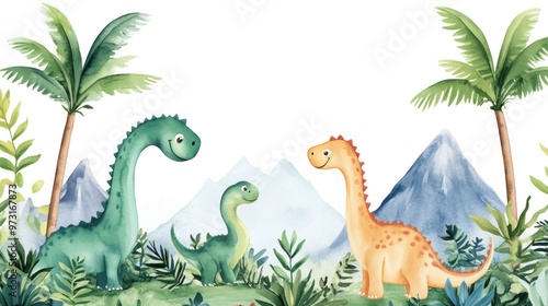 Fototapeta Naklejka Na Ścianę i Meble -  Whimsical hand-painted dinosaur pattern with tropical palms, jungle leaves, and mountains.