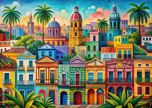 Cuban art bursts with vibrant colors and geometric shapes, capturing traditional scenes and iconic landmarks in bold, graphic illustrations.