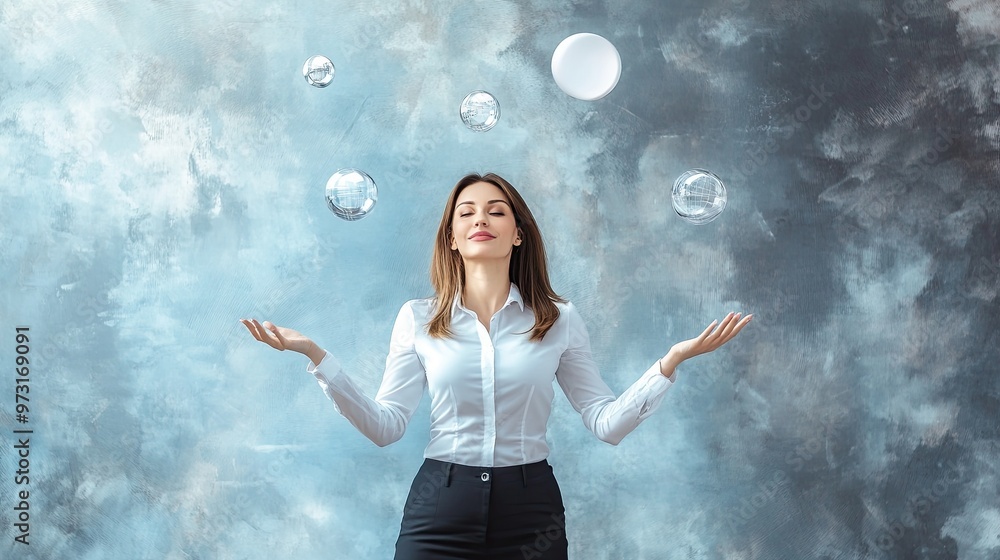 Naklejka premium Woman Juggling Bubbles in a Dreamy Setting