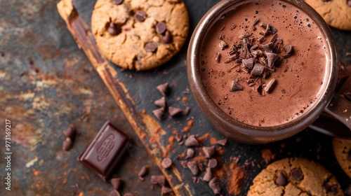 Cup of hot chocolate with chocolate shavings on rustic table, surrounded by scattered chocolate chips and freshly baked chocolate chip cookies, evokes warmth and comfort in a cozy setting.