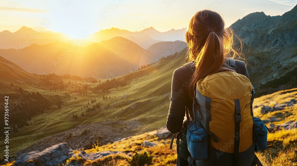 Woman Hiking at Sunset in Mountain Landscape Woman Hiking at Sunset in Mountain Landscape