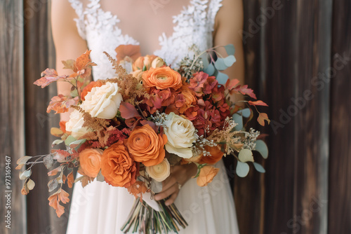 A bride holding an autumnal bouquet featuring flowers in Pumpkin Orange, Creamy White, and Espresso Brown. A warm and rustic fall wedding scene.
