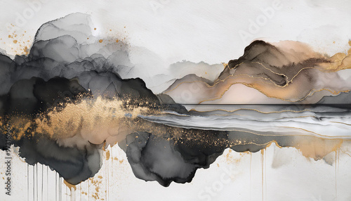 Abstrakcyjny krajobraz, akwarela na białym tle, morski krajobraz z linią brzegową i trawami, dekoracja tapeta generative ai  © Elżbieta Kaps