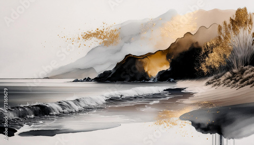 Abstrakcyjny krajobraz, akwarela na białym tle, morski krajobraz z linią brzegową i trawami, dekoracja tapeta generative ai  © Elżbieta Kaps