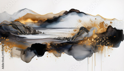 Abstrakcyjny krajobraz, akwarela na białym tle, morski krajobraz z linią brzegową i trawami, dekoracja tapeta generative ai  © Elżbieta Kaps