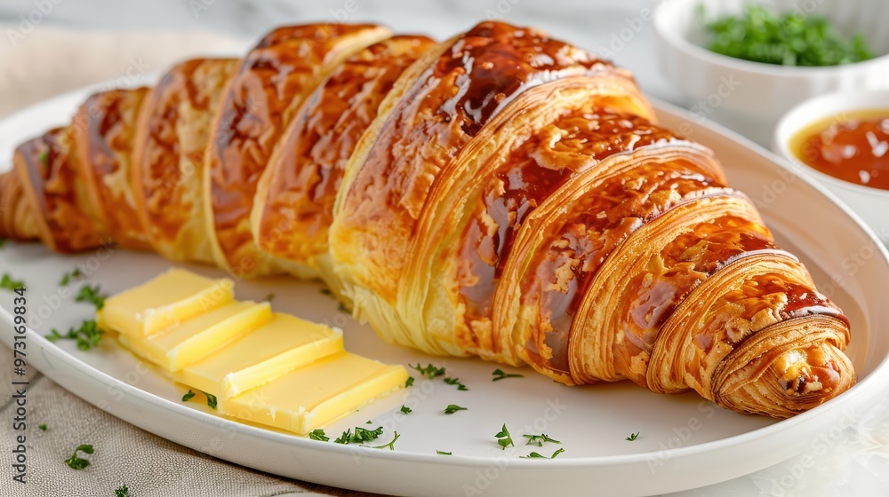 Buttery croissant served with sliced pats yellow butter on white plate garnished with chopped parsley, set on light background, croissant has shiny, crispy outer layer with visible delicate folds. Buttery croissant served with sliced pats yellow butter on white plate garnished with chopped parsley, set on light background, croissant has shiny, crispy outer layer with visible delicate folds.