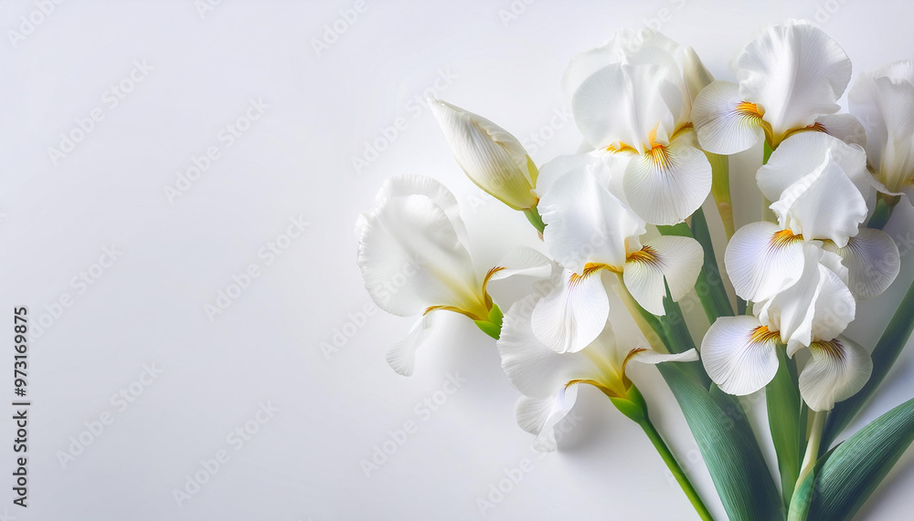 Fototapeta premium Piękny biały kwiat irys na białym tle high key, tapeta generative ai
