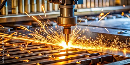 High-pressure flames are used to precision-cut through metal sheets with incredible speed and accuracy, allowing for precise shapes and cuts. photo