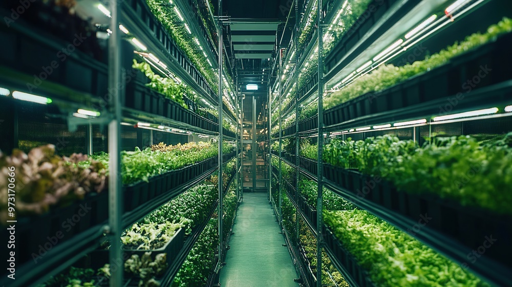 Indoor vertical farm with stacked layers of crops under LED lighting. Indoor vertical farm with stacked layers of crops under LED lighting.