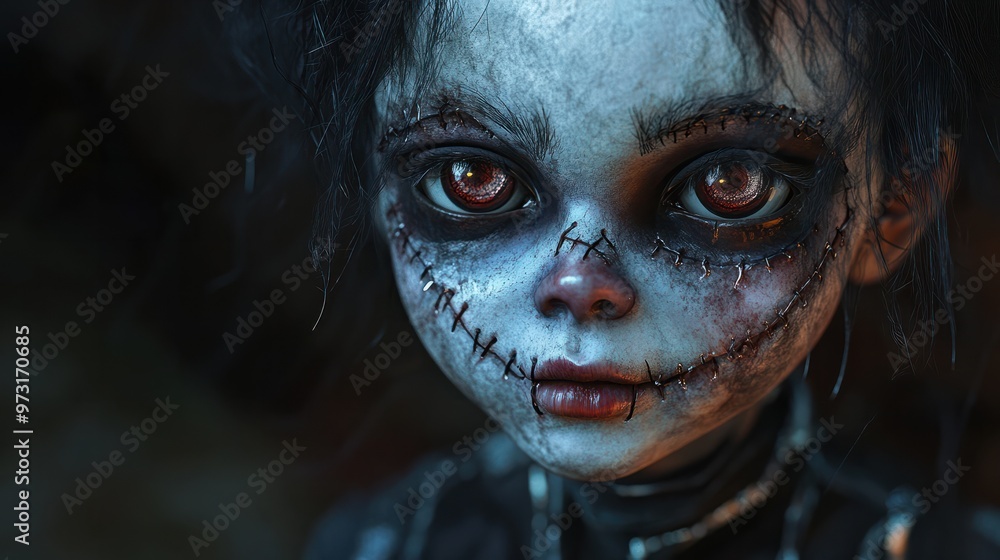 An illustration of a creepy looking doll with human-like features. An unsettling and scary portrait of a living doll.. Halloween. An illustration of a creepy looking doll with human-like features. An unsettling and scary portrait of a living doll.. Halloween.