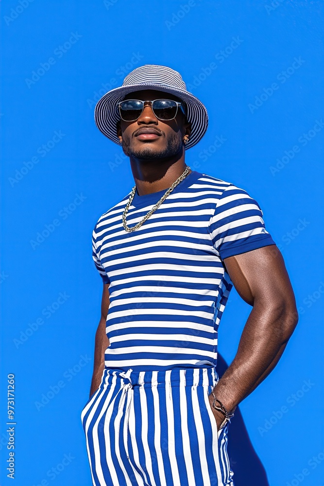 Fototapeta premium A attractive man wearing a blue and white striped shirt with a bucket hat, in a loose fi