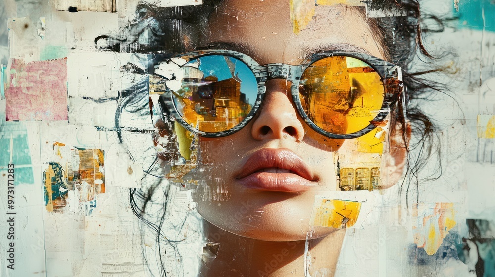 Artistic urban collage portrait of a woman with sunglasses, ideal for modern art blogs and creative advertising campaigns Artistic urban collage portrait of a woman with sunglasses, ideal for modern art blogs and creative advertising campaigns