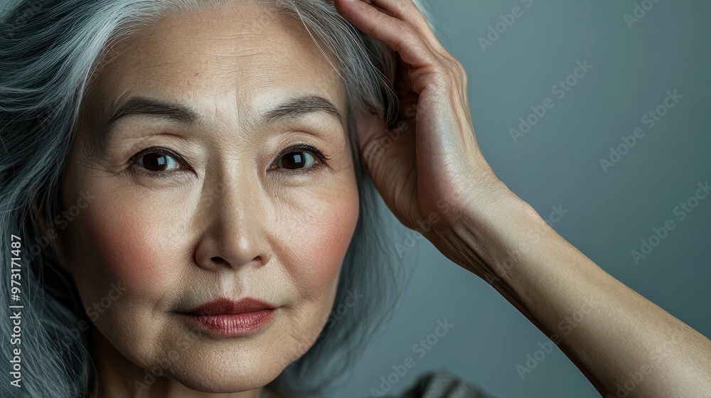 Fototapeta premium Asian old woman face portrait with young smooth looking skin. 50 years Asian Korean or Chinese woman portrait with hand in hair for healthy skin advertising of skincare cosmetics