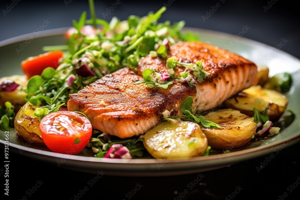 Perfectly grilled salmon with roasted potatoes and fresh arugula radish salad garnish Perfectly grilled salmon with roasted potatoes and fresh arugula radish salad garnish