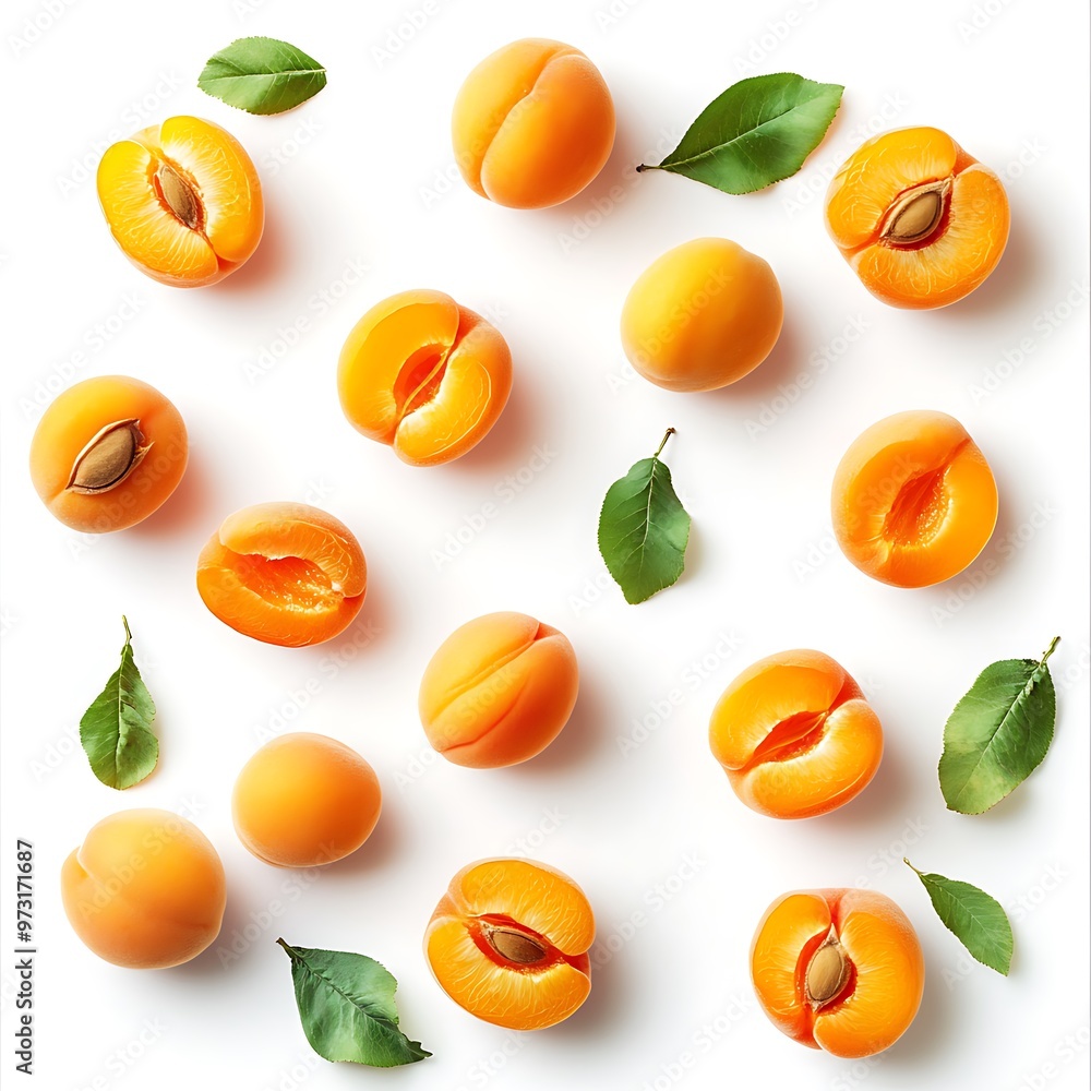A flat lay of apricots, some halved, with green leaves, on a white background. A flat lay of apricots, some halved, with green leaves, on a white background.