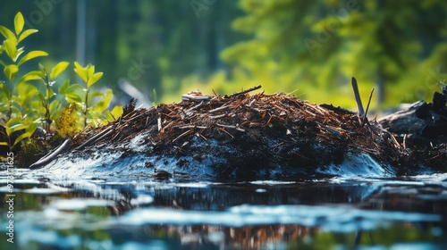 A beaver lodge constructed at the edge of a tranquil pond surrounded by lush green trees in a serene wilderness area during daylight hours #973171625