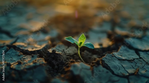 A small green plant breaking through a layer of dry soil, with emphasis on the contrast between the green of the sprout and the dark, cracked soil. Close-up photo with clean background