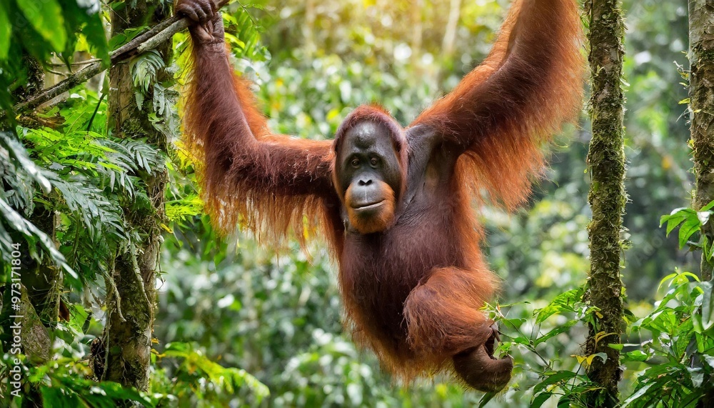 Orangutan Swinging through the Dense Canopy of a Borneo Rainforest Orangutan Swinging through the Dense Canopy of a Borneo Rainforest