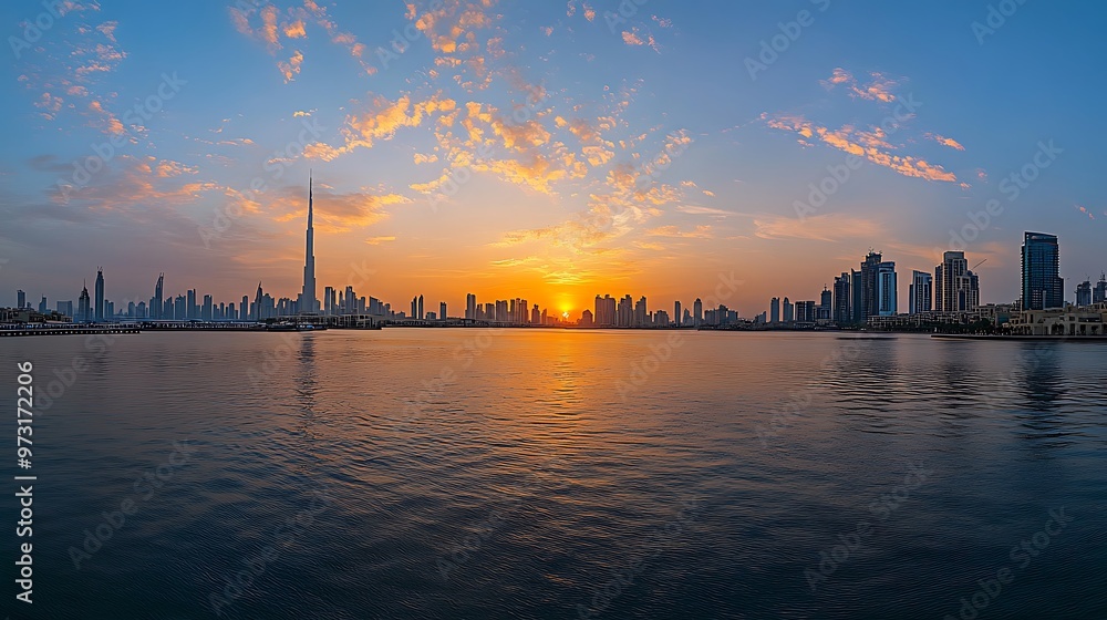A panoramic view of a city skyline with skyscrapers reflecting in the water at sunset, with colorful clouds. A panoramic view of a city skyline with skyscrapers reflecting in the water at sunset, with colorful clouds.