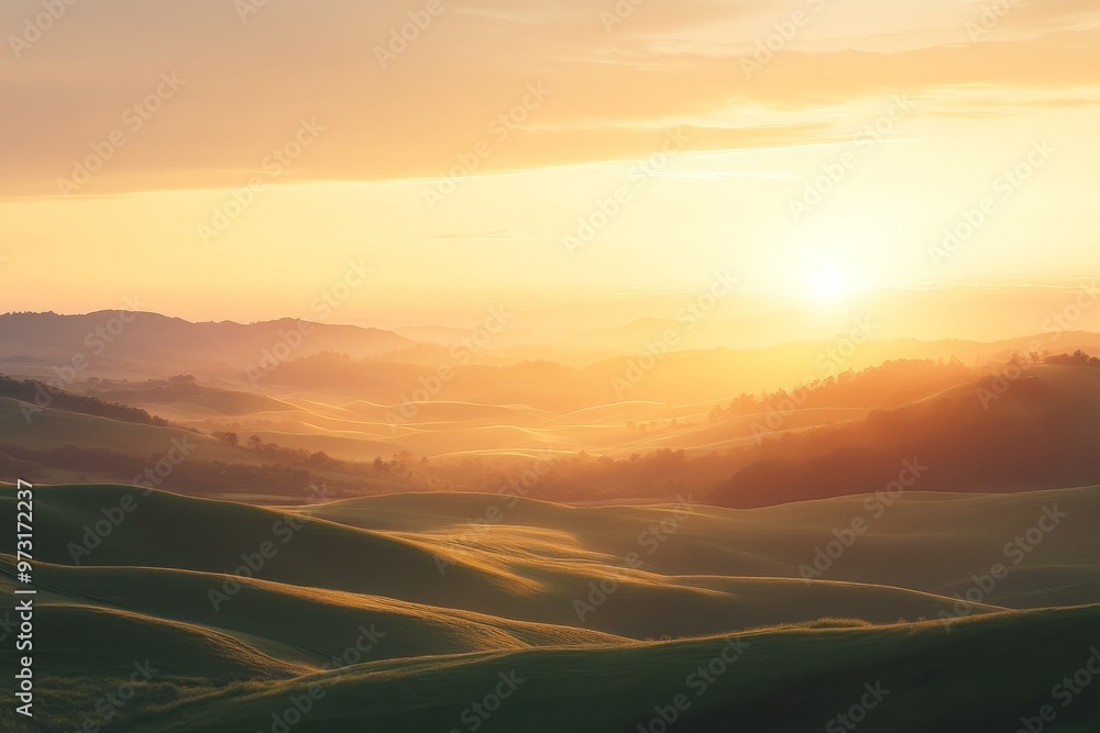 A gentle sunrise over rolling hills, with soft light illuminating the landscape and creating a peaceful morning scene. Perfect for promoting relaxation and a sense of tranquility A gentle sunrise over rolling hills, with soft light illuminating the landscape and creating a peaceful morning scene. Perfect for promoting relaxation and a sense of tranquility