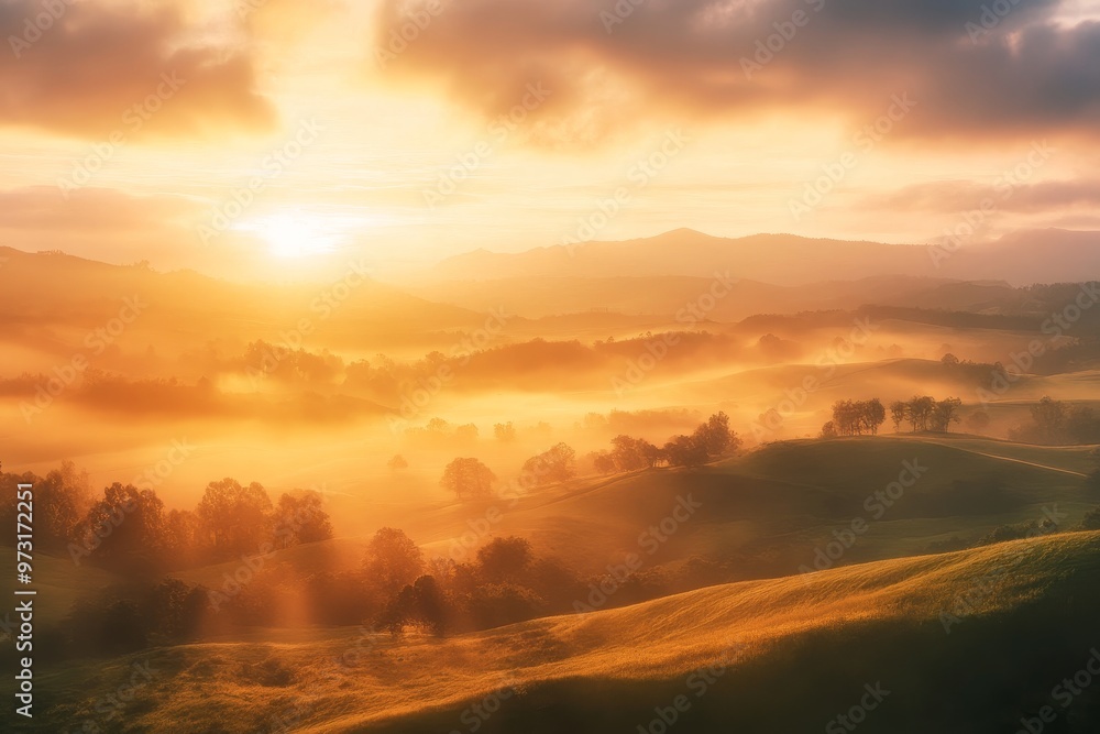 A gentle sunrise over rolling hills, with soft light illuminating the landscape and creating a peaceful morning scene. Perfect for promoting relaxation and a sense of tranquility A gentle sunrise over rolling hills, with soft light illuminating the landscape and creating a peaceful morning scene. Perfect for promoting relaxation and a sense of tranquility