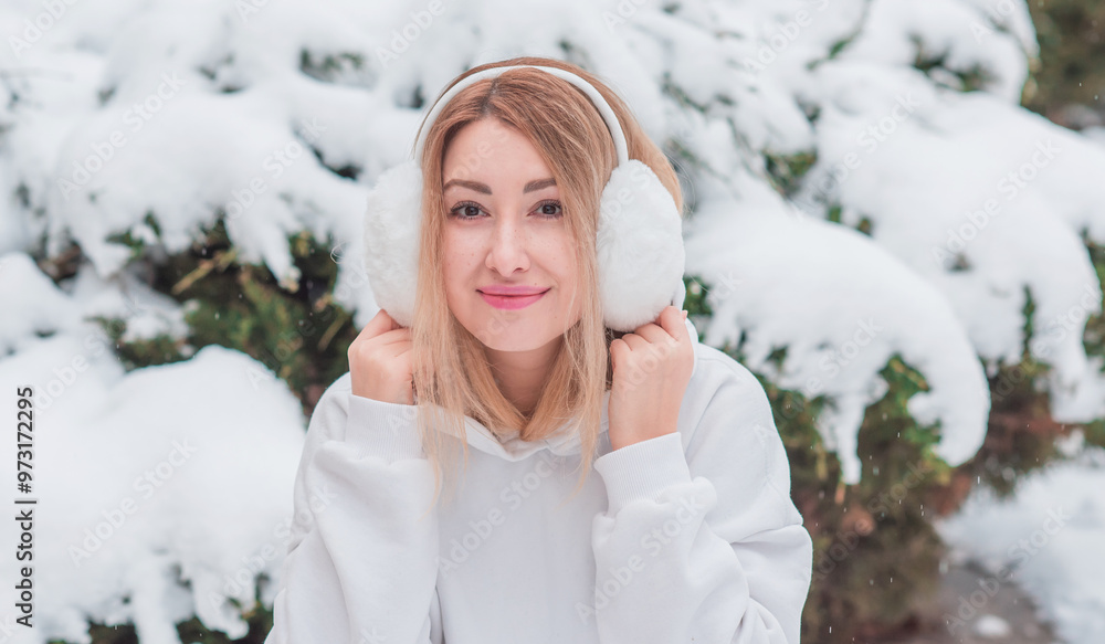 Cute girl in white wool costume, sportswear and fluffy ears, fashionable wardrobe details Cute girl in white wool costume, sportswear and fluffy ears, fashionable wardrobe details