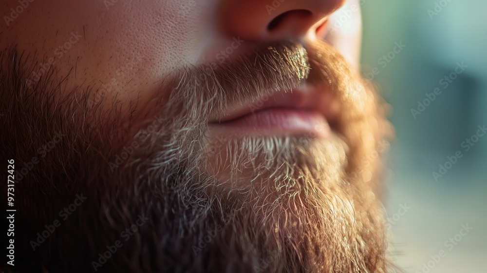 Obraz premium Close-up of a man’s well-groomed beard highlighting texture and detail in natural light during an afternoon setting