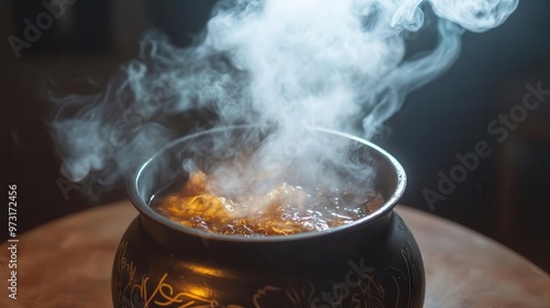 bubbling cauldron filled with a mysterious potion, with smoke rising and swirling above it photo