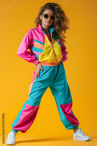 Wallpaper Mural Retro fashion colorful woman in jumpsuit dancing in color studio Torontodigital.ca