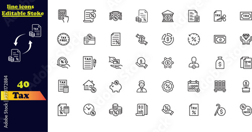 Tax Stroke Icon Set. This collection includes icons for tax-related concepts such as tax refunds, deductions, payments, tax accounting, calculators, and taxpayers. photo