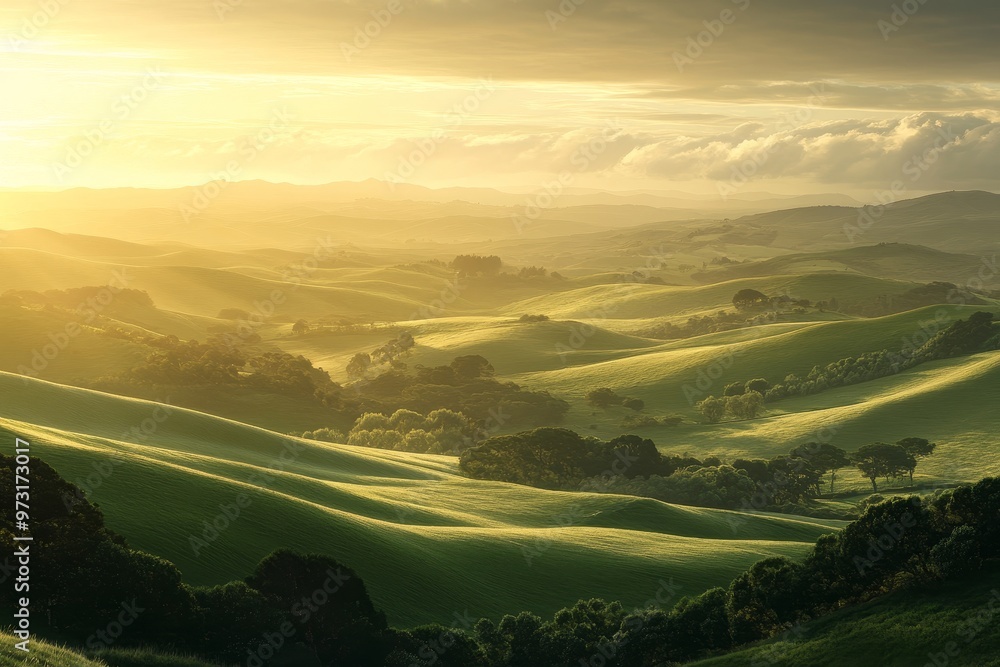 A gentle sunrise over rolling hills, with soft light illuminating the landscape and creating a peaceful morning scene. Perfect for promoting relaxation and a sense of tranquility A gentle sunrise over rolling hills, with soft light illuminating the landscape and creating a peaceful morning scene. Perfect for promoting relaxation and a sense of tranquility