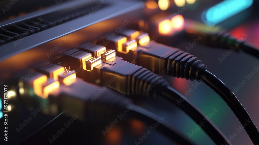 Close up of network ethernet cables plugged into switch for high speed internet connection Close up of network ethernet cables plugged into switch for high speed internet connection