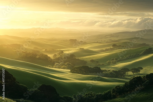 A gentle sunrise over rolling hills, with soft light illuminating the landscape and creating a peaceful morning scene. Perfect for promoting relaxation and a sense of tranquility