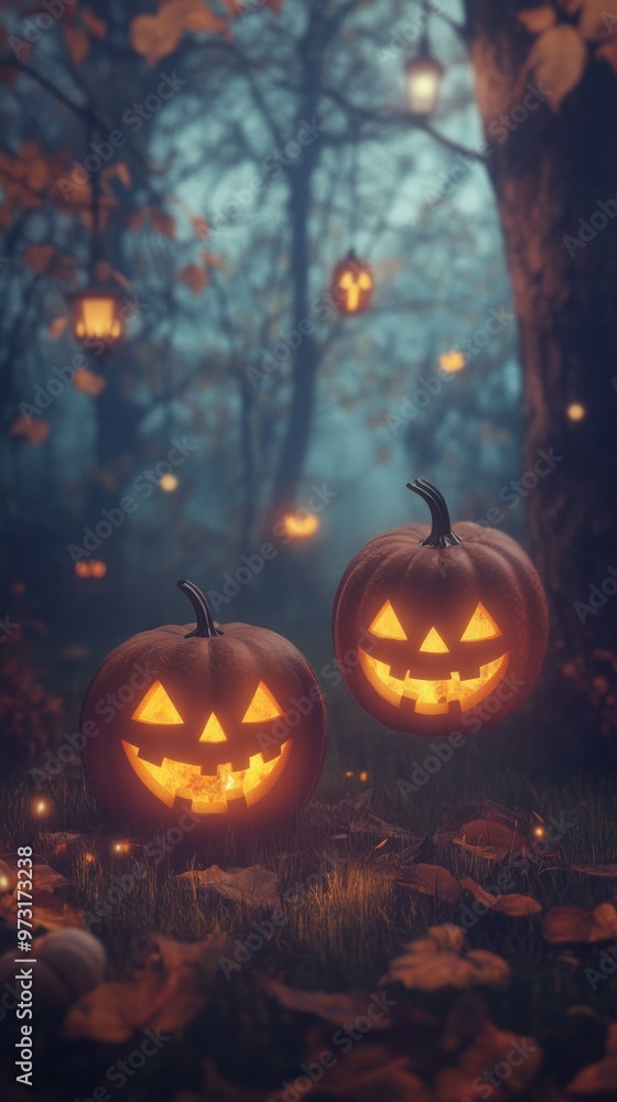 Glowing Halloween pumpkins in a dark, creepy 3D-rendered background. Glowing Halloween pumpkins in a dark, creepy 3D-rendered background.