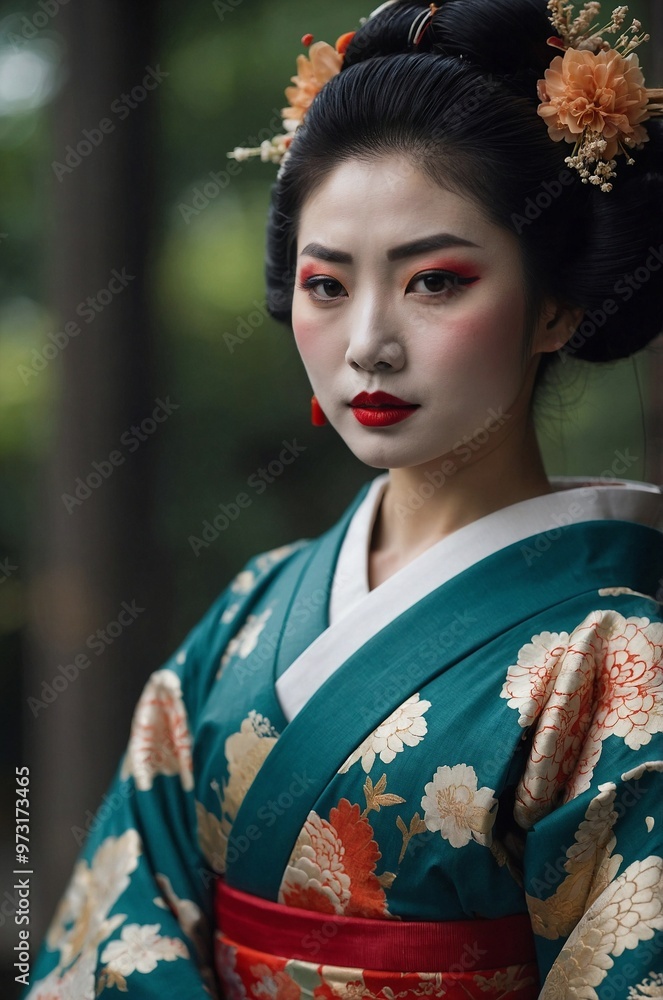 A young geisha in traditional attire poses gracefully in a serene garden setting during late afternoon hours. Generative AI A young geisha in traditional attire poses gracefully in a serene garden setting during late afternoon hours. Generative AI