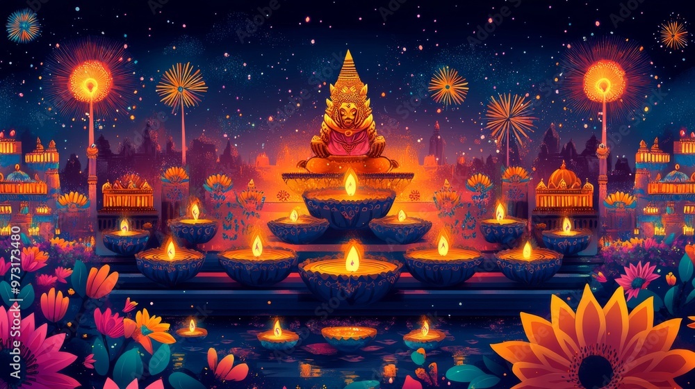 Colorful illustration of Diwali and Dussehra celebrations with diyas, fireworks, and rangoli designs Colorful illustration of Diwali and Dussehra celebrations with diyas, fireworks, and rangoli designs