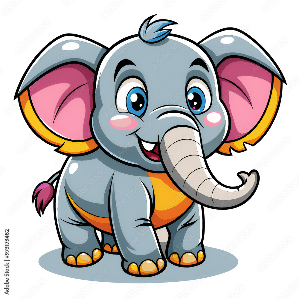 This is a delightful cartoon illustration featuring a baby elephant, characterized by its large ears, a lengthy trunk, and a cheerful demeanor This is a delightful cartoon illustration featuring a baby elephant, characterized by its large ears, a lengthy trunk, and a cheerful demeanor