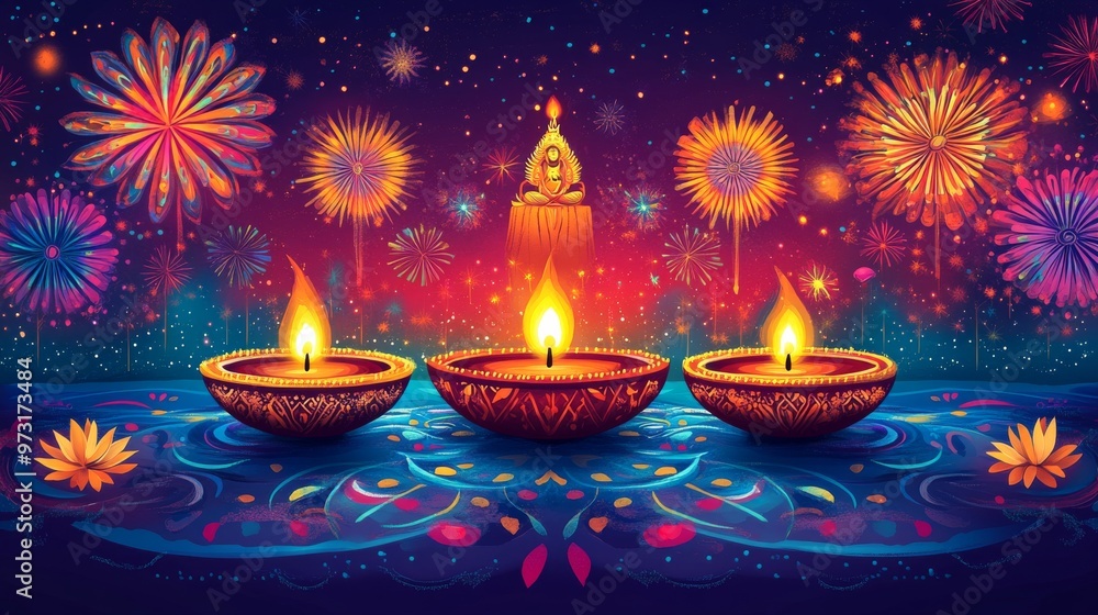 Colorful illustration of Diwali and Dussehra celebrations with diyas, fireworks, and rangoli designs Colorful illustration of Diwali and Dussehra celebrations with diyas, fireworks, and rangoli designs