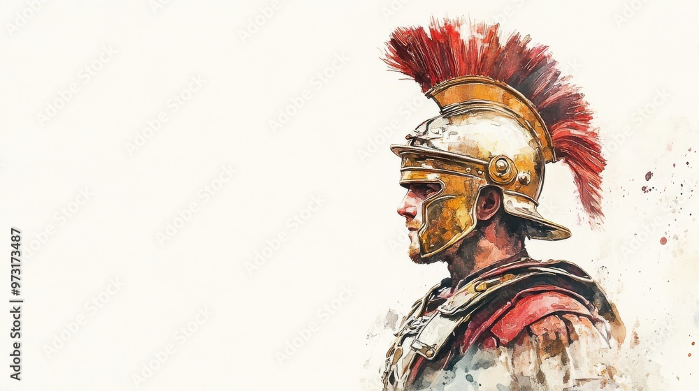 Historical Roman Soldier In Detailed Armor Profile Standing Against A