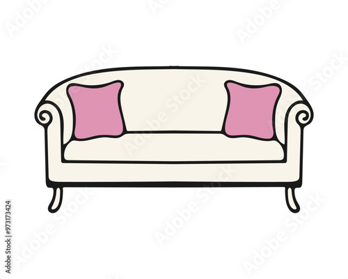 Modern sofa with pink pillows, cozy place for rest and relaxation, element of home interior, isolated on white background.Hand drawn contour doodle drawing.