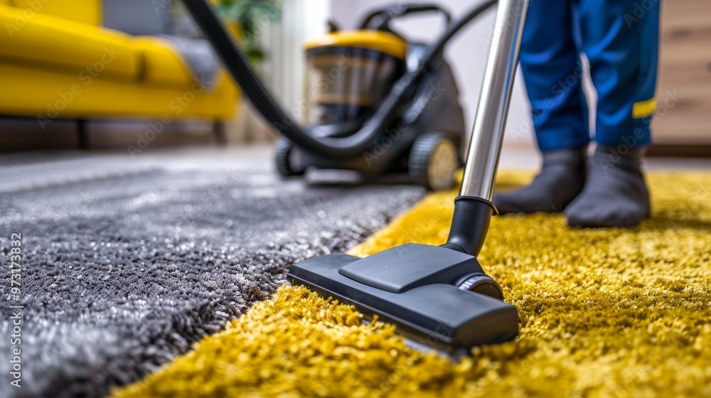 A young female housekeeper in a hotel room is vacuuming the carpet, focused on removing dirt and debris. Close-up photo with clean background A young female housekeeper in a hotel room is vacuuming the carpet, focused on removing dirt and debris. Close-up photo with clean background