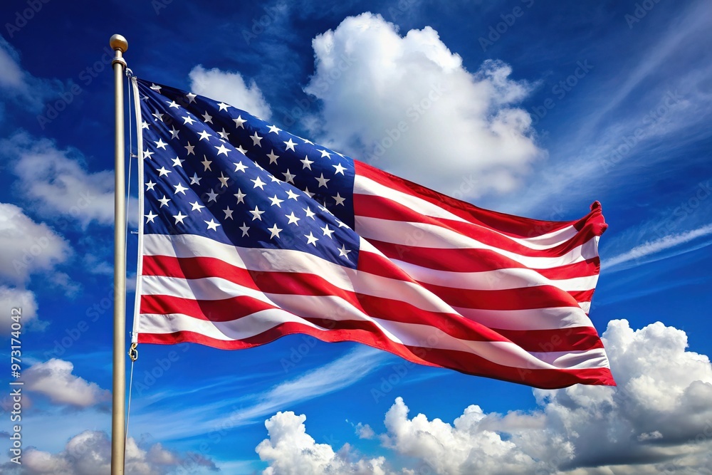 The American flag waves majestically against a brilliant blue sky, its colors shining bright with freedom's promise on a gentle breeze. The American flag waves majestically against a brilliant blue sky, its colors shining bright with freedom's promise on a gentle breeze.