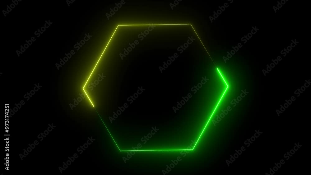 glowing neon line green yellow color hexagonal animation dark night background. glowing neon line green yellow color hexagonal animation dark night background.