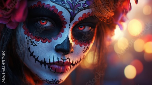 Day of the dead mexican carnival known as Day of the Dead with maxican girl portrait wearing carnival mask of the day of the dead photo