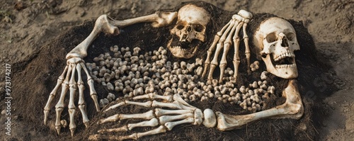 piles of bones partially buried in the ground, with skeletal hands reaching out from the earth