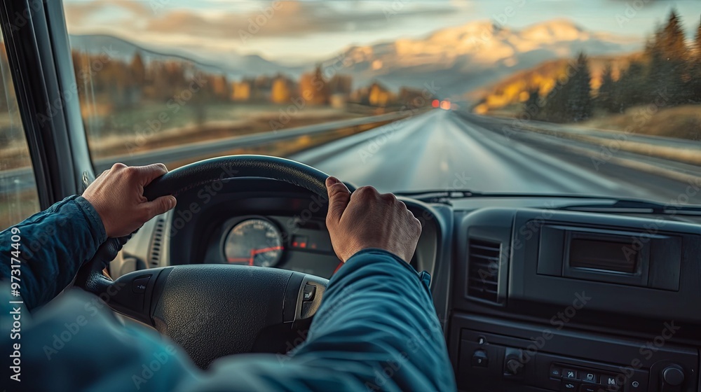 Driver's Perspective of a Winding Road Through Mountains at Sunset Driver's Perspective of a Winding Road Through Mountains at Sunset