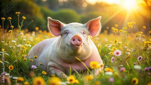 The portly pig lounges peacefully in the warm sunlight, surrounded by a vibrant tapestry of flowers that seem to enhance its contented expression.