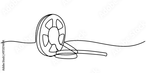 Continuous one line drawing cinema film strip. Vintage cinema element isolated on a white background. Vector illustration, One continuous line drawing of film reel with long tape. Retro old movie