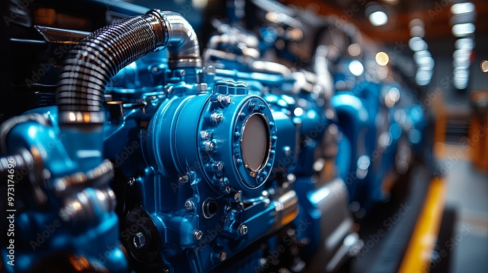 Close-up of a Shiny Blue Engine with a Corrugated Hose Close-up of a Shiny Blue Engine with a Corrugated Hose